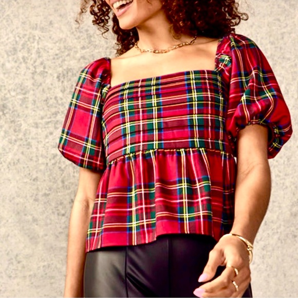 Francesca’s Collections Nicole Plaid Puff Sleeve Pleated Holiday Blouse NWT - Picture 2 of 15